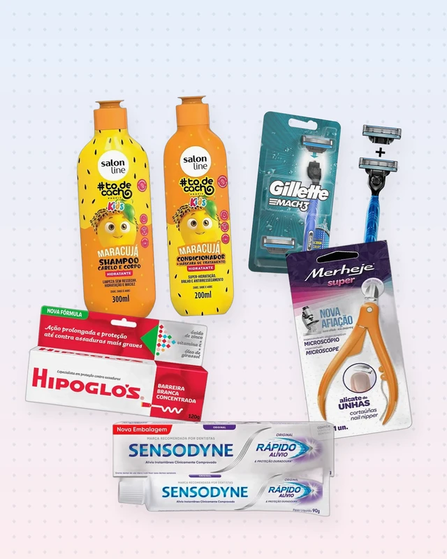 Produtos à venda na Cajuru Farma: Salon Line #todecacho Kids, Gillette, Hipoglós, Merheje e Sensodyne