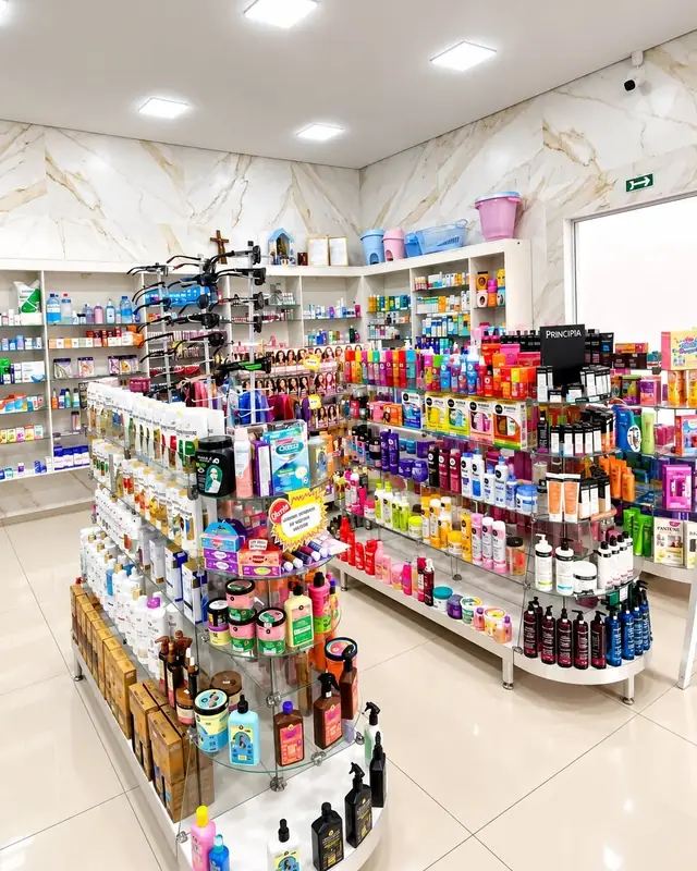 Salão da Cajuru Farma com gôndolas de cabelo, óculos e expositor Principia