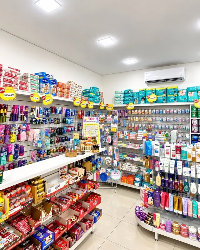 Gôndolas da Cajuru Farma com chocolates, higiene e cuidados pessoais
