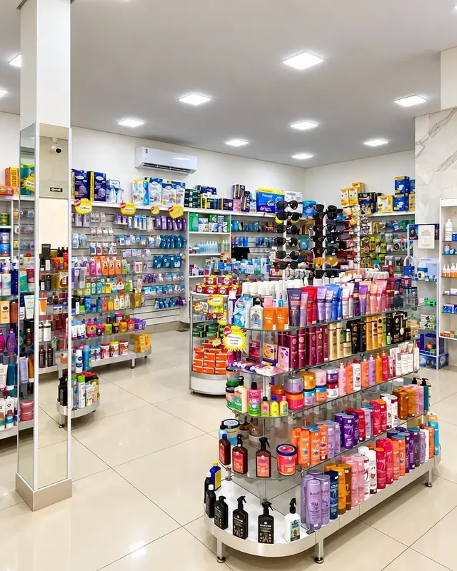 Visão geral do salão da Cajuru Farma, com coluna espelhada e gôndolas de cabelo
