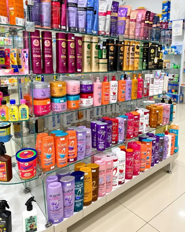 Gôndola de produtos para cabelo: Siàge, Haskell, Elseve e outras marcas
